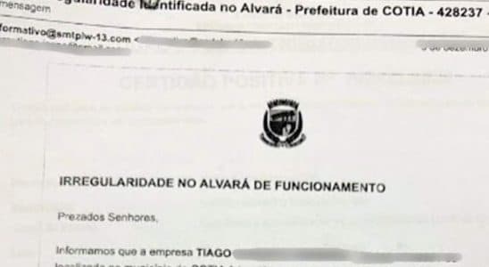 Comerciantes em Cotia estão sendo vítimas de golpe da cobrança de taxa. Prefeitura emite alerta