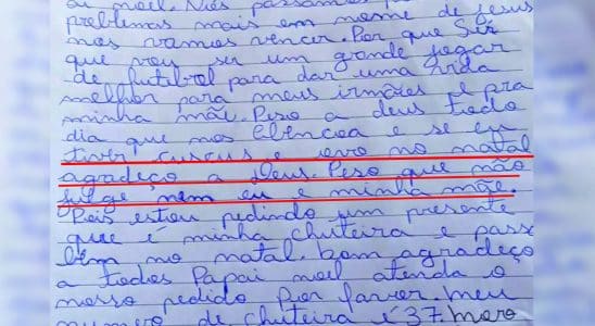 Menino de São Roque pede para comer cuscuz e ovo em carta de natal por passar dificuldade e pede para não ser julgado