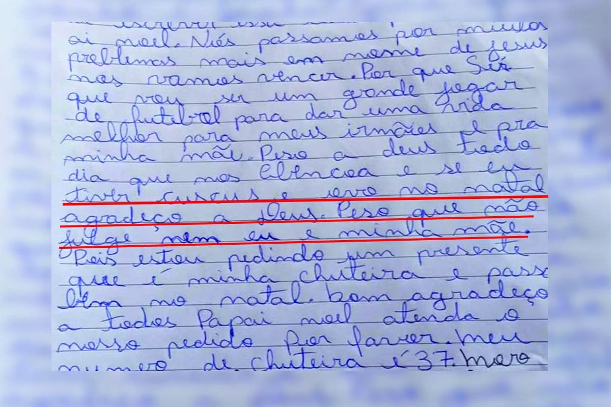 Menino de São Roque pede para comer cuscuz e ovo em carta de natal por passar dificuldade e pede para não ser julgado